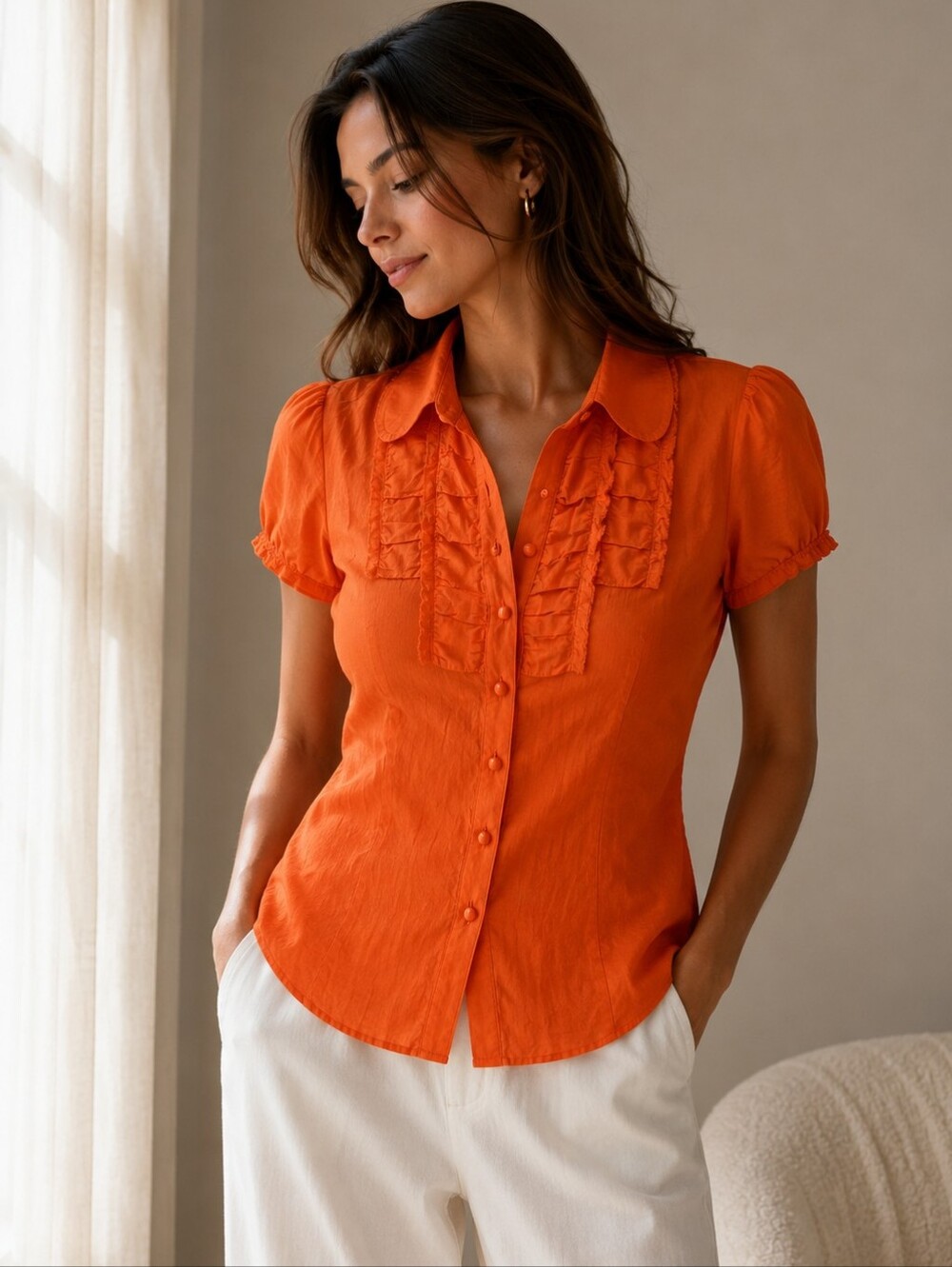 Banana Republic Silk Blend Ruffle Blouse XS Orange Puff Sleeve Button Front